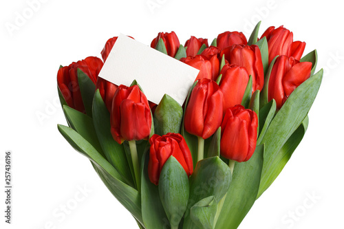 Fototapeta Naklejka Na Ścianę i Meble -  Blank card on a bouquet of red tulips isolated on white background.