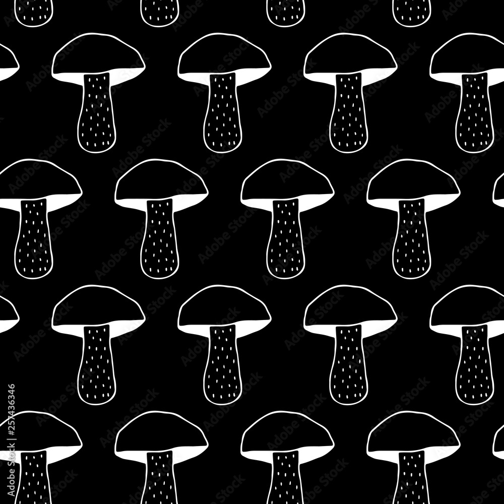 Cute cartoon mushroom background with hand drawn mushrooms. Sweet