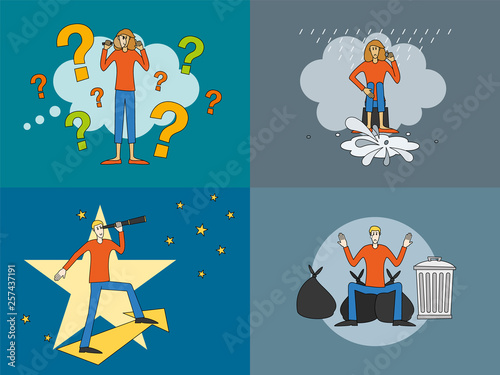 Wellbeing man and woman with active mind and purpose and inactive mind and no purpose