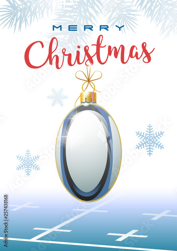 Merry Christmas. Sports greeting card. Realistic Rugby ball in the shape of a Christmas ball. Vector illustration.