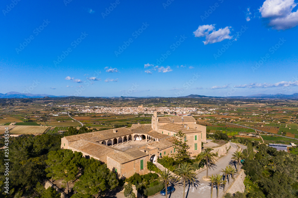 Aerial view, Santuari de Monti-Sión, Sanctuary Montesion, Puig de Monti-Sión, Porreres, Mallorca, Balearic Islands, Spain