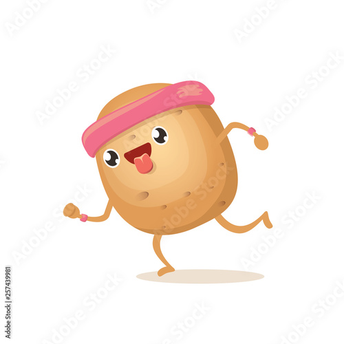 Cartoon funky potato character running or jogging isolated on white background. Cute sporty vegetable character making cardio sport exercise. Fitness cardio concept