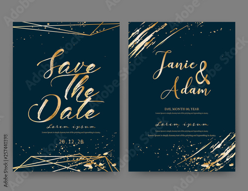 Wedding invitation card, Save the date wedding card, Modern card design with golden geometric and brush stroke, Vector illustration.