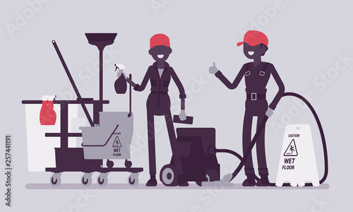 Janitors team working with professional tools. Workers in uniform employed to take care of building, apartment or office, janitorial equipment for cleaning. Vector illustration, faceless characters