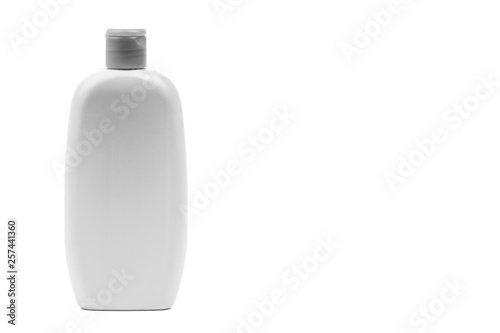 Baby oil or shampoo bottle isolated on white background. Copy Space and Black and White