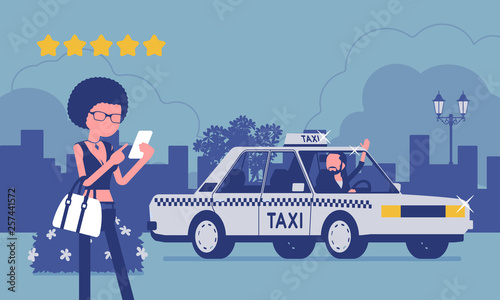 Good car driver in taxi rating app system. Happy female passenger ranking with smartphone application, service, route, price, safety performance at five stars. Vector illustration, faceless characters