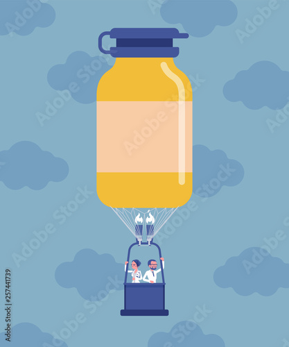 Medicine bottle shape hot air balloon with doctors. Pharmacology drug production industry discovery, department store development, pill manufacturing business. Vector illustration, faceless characters