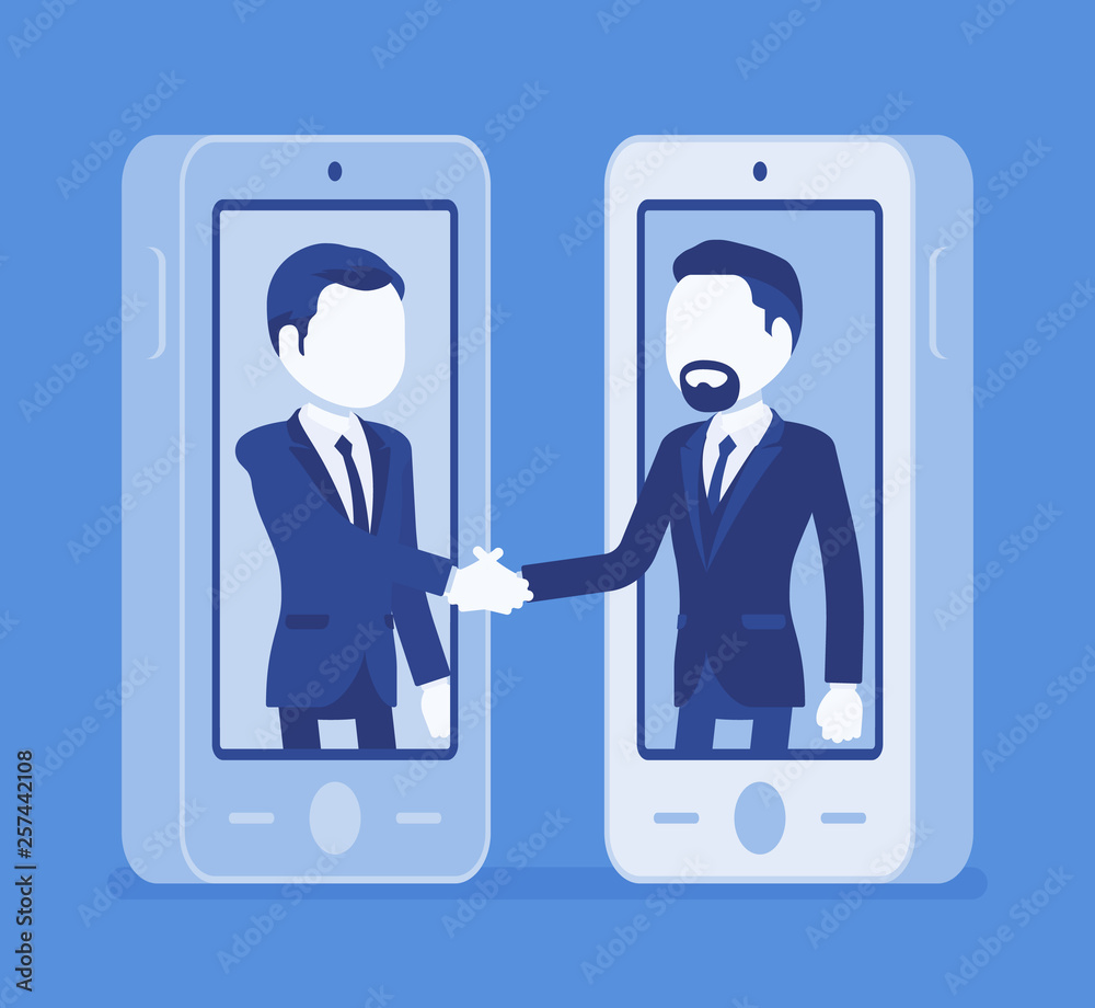 Mobile male deal, commercial business agreement. Contract signing, businessmen handshake via smartphone, modern safe technology, successful formal cooperation. Vector illustration, faceless characters Mobile male deal, commercial business agreement. Contract signing, businessmen handshake via smartphone, modern safe technology, successful formal cooperation. Vector illustration, faceless characters
