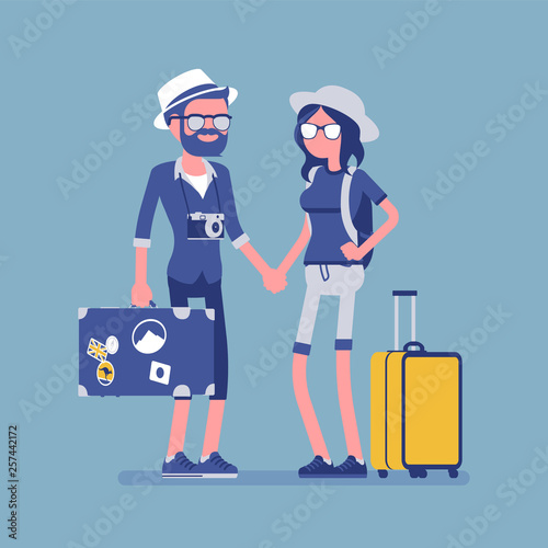 Tourists in travelling outfit with luggage and suitcases. Happy young man and woman making a journey to visit warm countries, holiday tour for recreation. Vector illustration, faceless characters