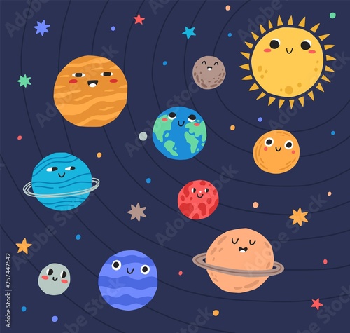 Funny planets of Solar system and Sun with smiling faces. Adorable celestial bodies in outer space. Cute astronomical objects on their orbit in galaxy. Flat cartoon colorful vector illustration.