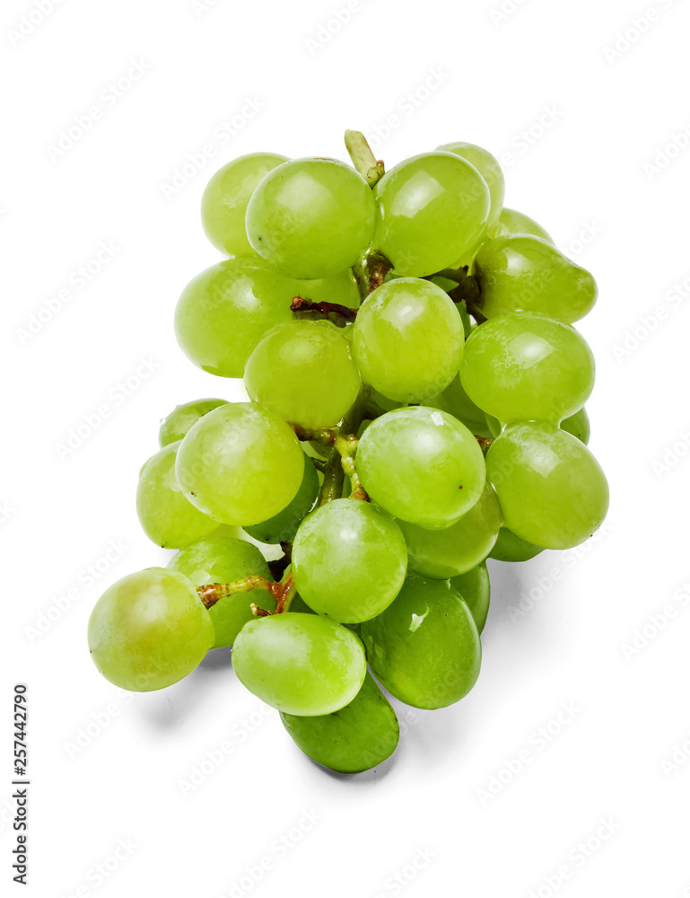 Fresh small bunch of green grapes. White isolated background. Close-up. Side view.