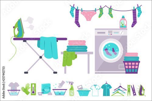 Laundry room, washing machine, basket, iron, ironing board, clothes drying, cleaning supplies vector Illustrations on a white background