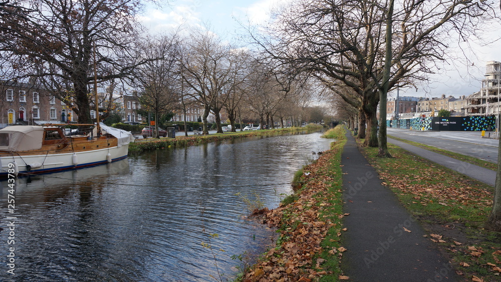 River and embankment with boats in dublin River and embankment with boats in dublin
