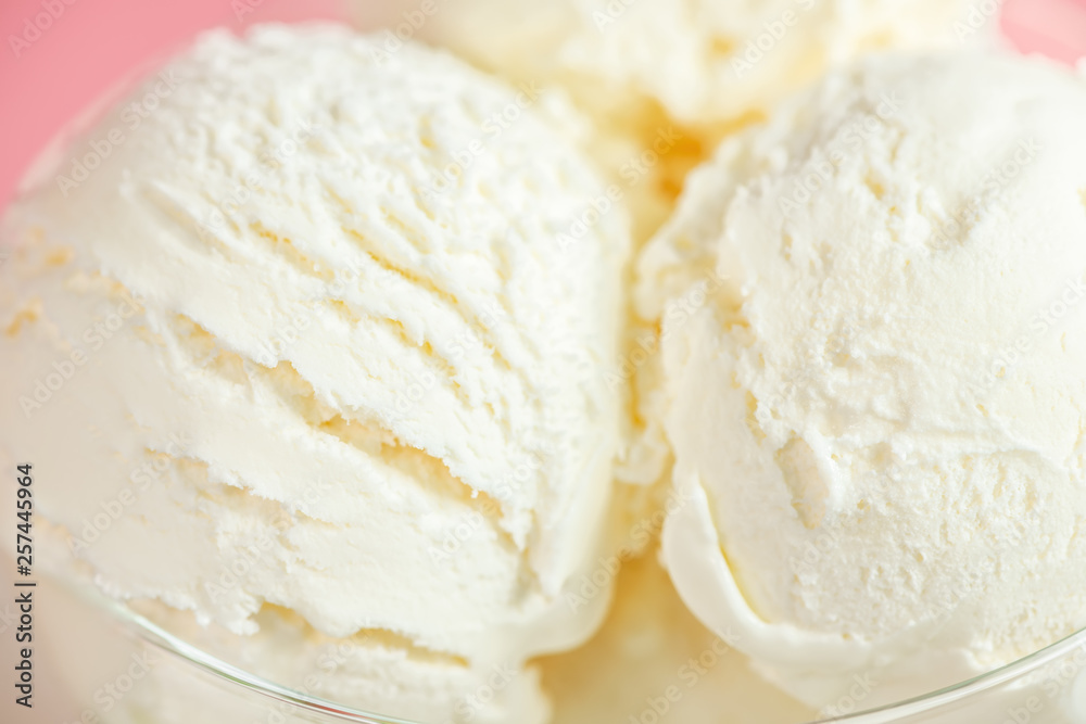 macro of white vanilla scoops ice cream
