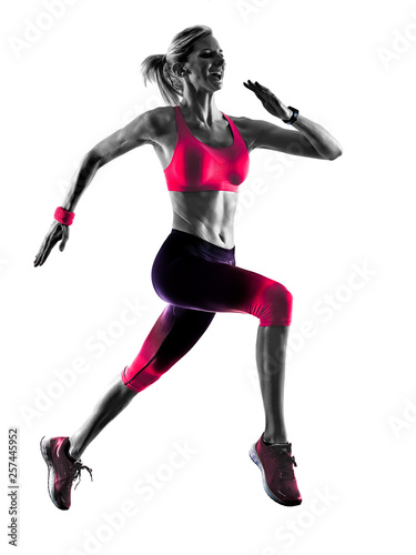 one caucasian woman sport runner running jogger jogging happy isolated on white background © snaptitude