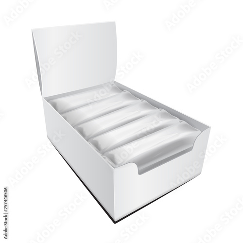 Retail and shelf white paper box mockup. Side view. Vector template for showcasing your package design food or candy