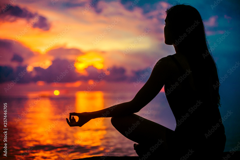 Silhouette Of Woman In Yoga Pose On Beach Sunset View Glowing S Stock Photo  - Download Image Now - iStock