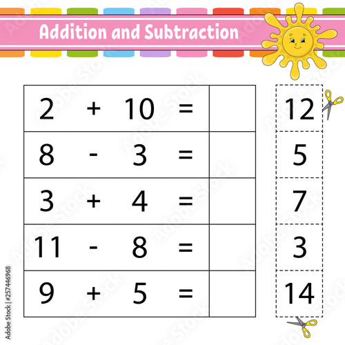Addition and subtraction. Task for kids. Education developing worksheet. Activity page. Game for children. Funny character. Isolated vector illustration. Cartoon style.