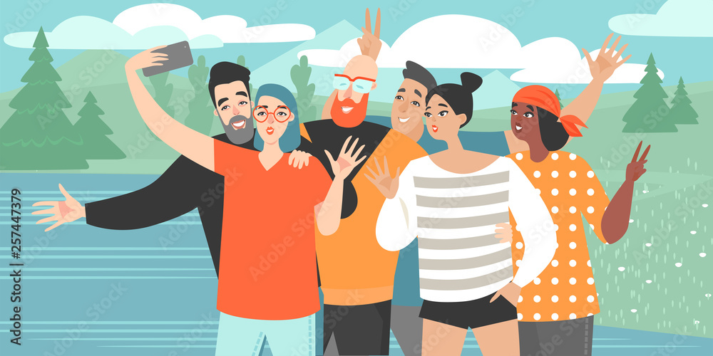 A girl makes a group selfie with happy friends on the smartphone camera against the background of the lake. Vector illustration of a group selfie in cartoon style. Friends relaxing outside the city