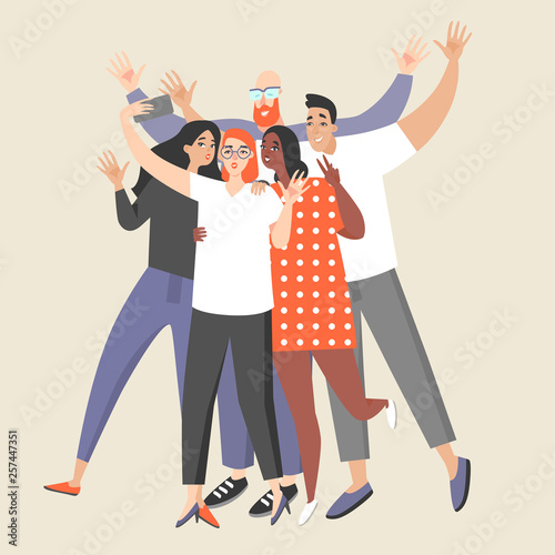 A girl makes a group selfie with happy friends on the smartphone camera