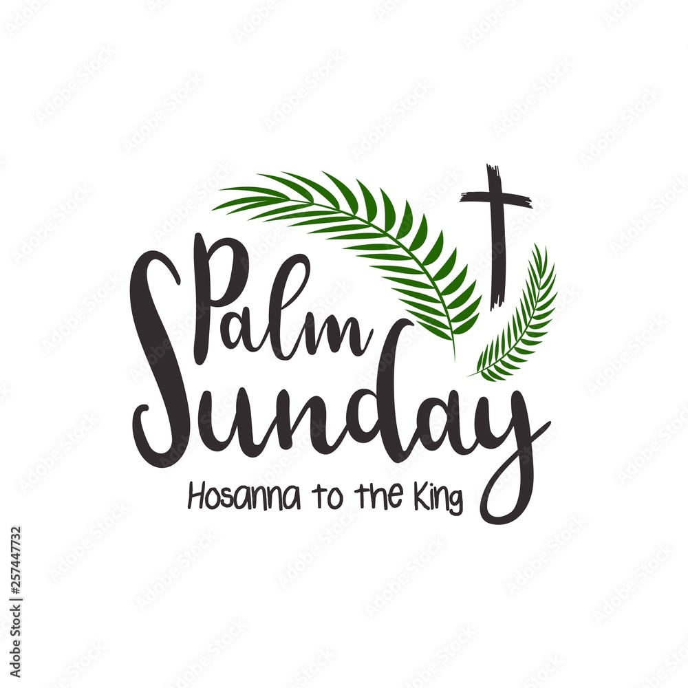 Palm Sunday poster with hand drawn lettering, palm branches and cross
