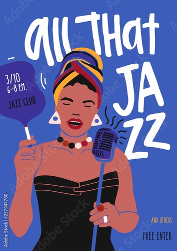 Poster or flyer template for jazz music performance with African American female singer, woman vocalist or soloist with microphone and cigarette. Flat vector illustration in contemporary art style.
