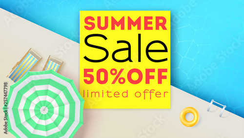 Summer sale, hot offer in summertime. Realistic pool, sun umbrella, inflatable ring, beach loungers. Top view, flat lay. Three dimensional vector for events by discount, fifty percent off