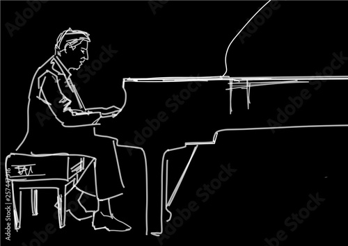 Pianist at the grand piano on stage. White contour on black background. Piano player silhouette. Musical hand drawn illustration. Vector drawing. Sketch style.
