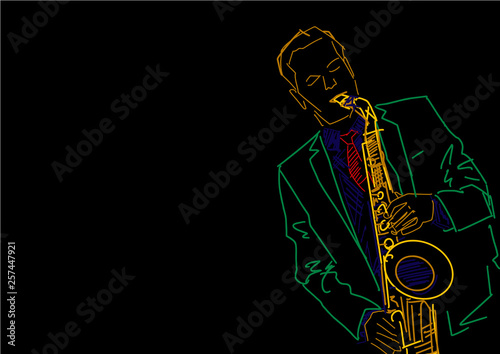 Saxophonist. Colorful contour on black background. Saxophone player drawing. Jazz illustration. Space for text. Vector.