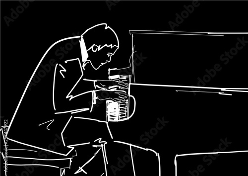 Pianist plays the piano. Piano player silhouette. Classical music illustration. White contour on black background. Hand drawn sketch. Vector.