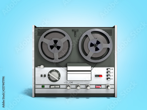 Old portable reel to reel tube tape recorder 3d render on blue