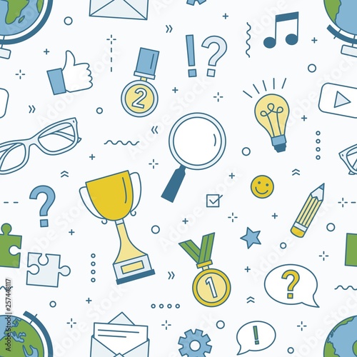 Seamless pattern with quiz tournament or championship, knowledge competition, intelligence test, smart game elements. Vector illustration in linear style for wrapping paper, textile print, wallpaper.