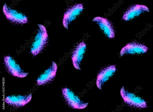 Neon seamless pattern with light fluffy feathers in the vivid trendy fluorescent colors on black background.