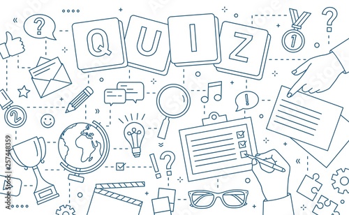 Monochrome banner template with hands of people solving puzzle or riddle, quiz tournament, knowledge competition, intelligence test, smart game elements. Vector illustration in line art style.
