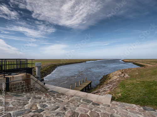 Kammerslusen open gates to the Wadden sea near Ribe in Denmark