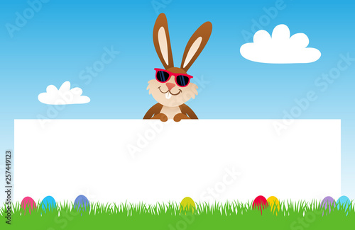Cartoon Osterhase mit Sonnenbrille steht hinter Banner, Himmel, Ostereier, Wiese