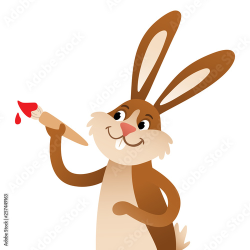 Cartoon Osterhase mit Farbpinsel schaut zur Seite