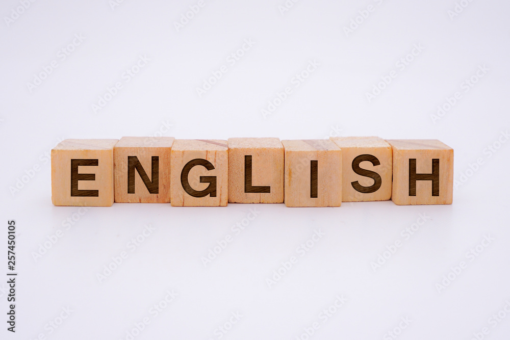 ENGLISH Word Written In Wooden Cube ENGLISH Word Written In Wooden Cube