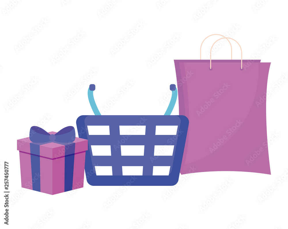 basket with bag shopping and gift box