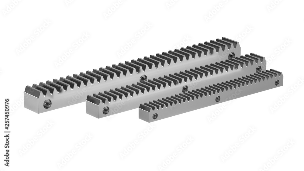 Complete rack for mounting sliding gates. Rack and pinion gear mechanism. 3D rendering Complete rack for mounting sliding gates. Rack and pinion gear mechanism. 3D rendering