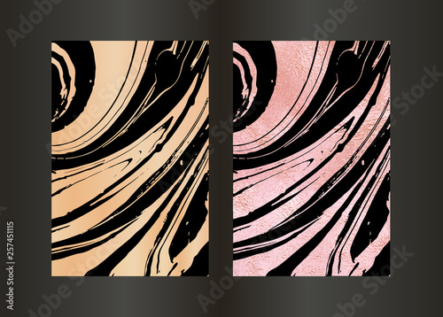 Set of vector elegant black and gold brochure, wedding invitation card, background, cover. Design template with liquid marble texture. Abstract golden background.