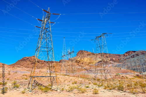 Substation and Power Transmission Lines in american desert.