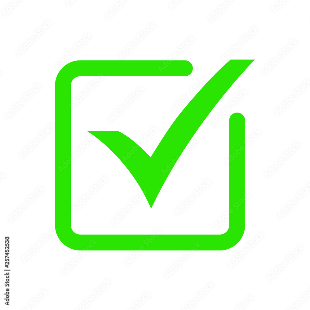 Tick icon vector symbol, green checkmark isolated on white background, check mark or checkbox pictogram, checked icon or correct choice sign. Tick icon vector symbol, green checkmark isolated on white background, check mark or checkbox pictogram, checked icon or correct choice sign.