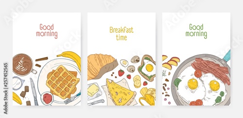 Collection of poster or card templates with tasty healthy breakfast meals and morning food - fried eggs, wafers, coffee. Realistic vector illustration for cafe or restaurant advertisement, promotion.