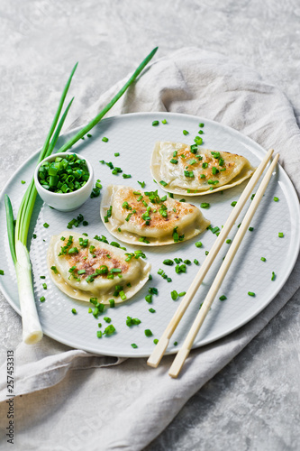 Homemade Korean dumplings, chopsticks, fresh green onions. Gray background, top view