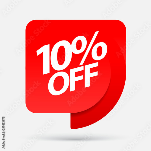 Discount with the price is 10. Realistic Red Glossy paper ribbon. Vector illustration