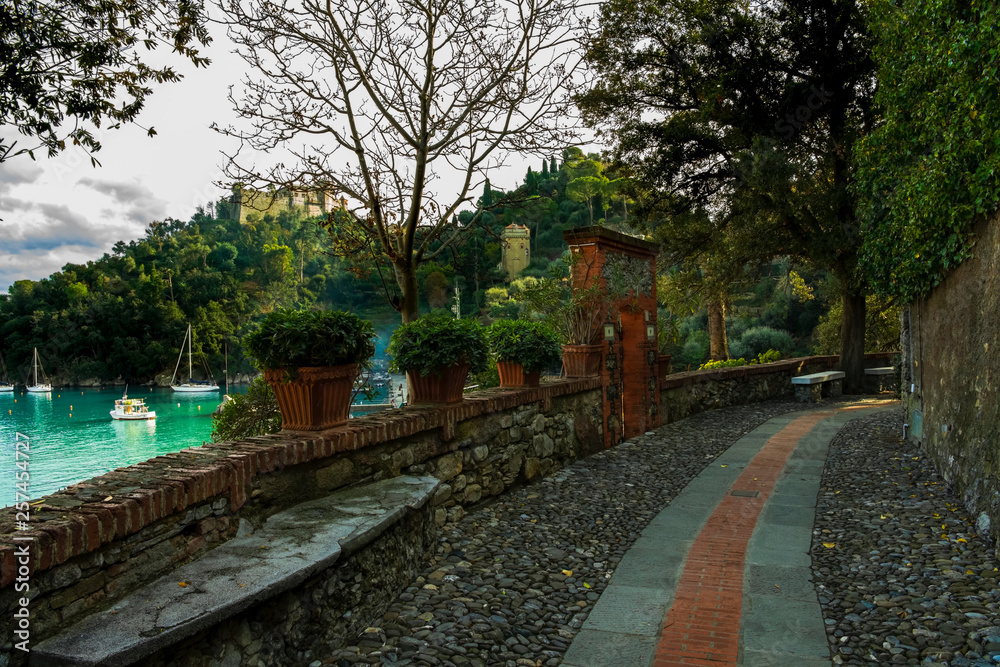 Street in the beautiful coastal italian town Portofino with the spectacular view over the harbour, Liguria region, Italy