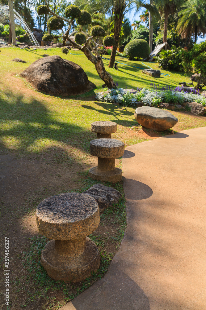 Stone bench in a garden.