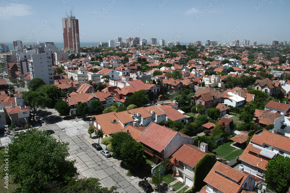 Panoramic view of a residential area by the sea. Mar del Plata, Buenos Aires, Argentina.