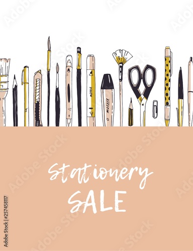 Square advertising banner template for stationery and writing utensils sale. Backdrop with office tools, art supplies and place for text on white background. Realistic vector illustration for promo.